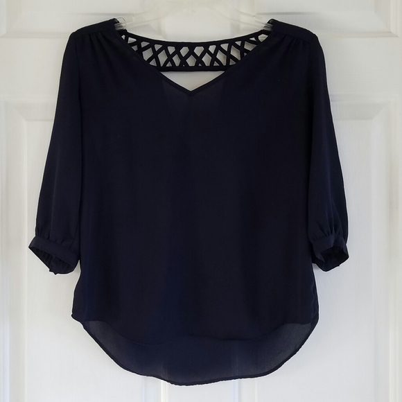 A. BYER/navy blue sheer top v neck criss cross